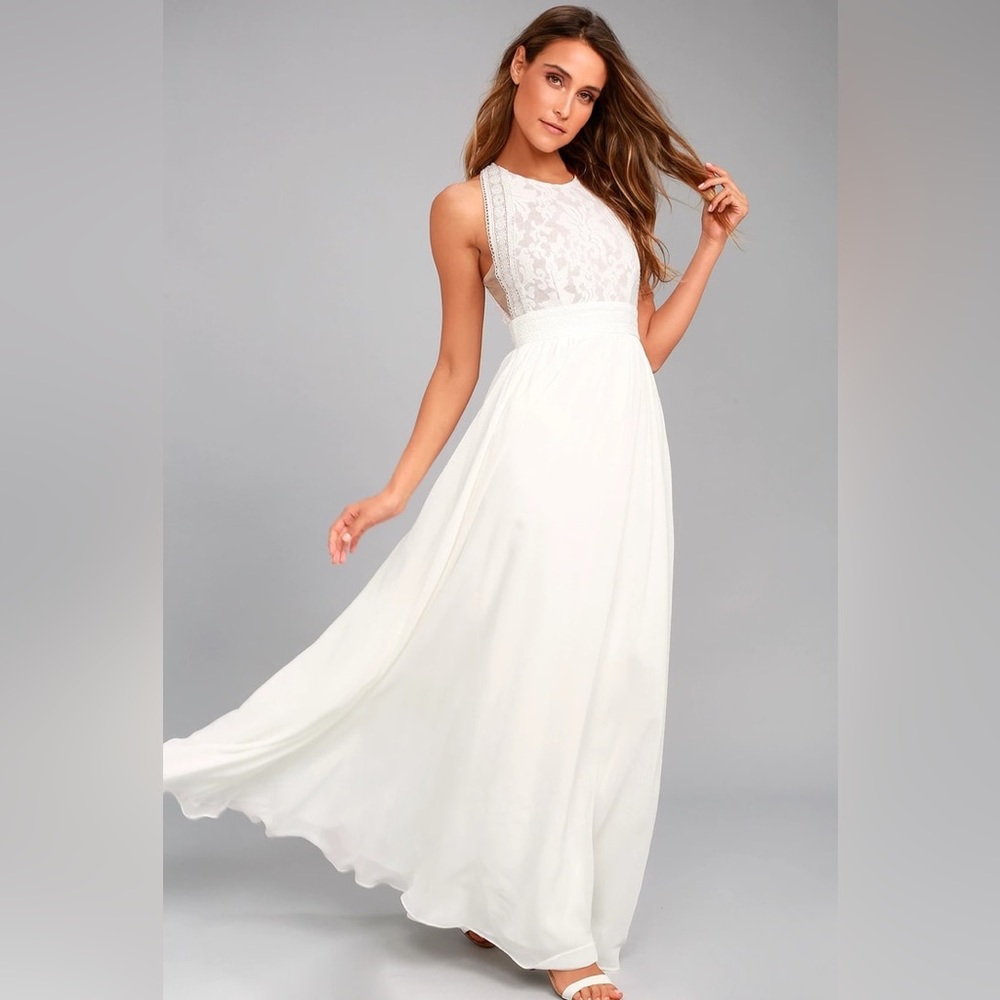 Lulu’s Forever and Always White Lace Maxi Dress Size Small Wedding Bridal Shower